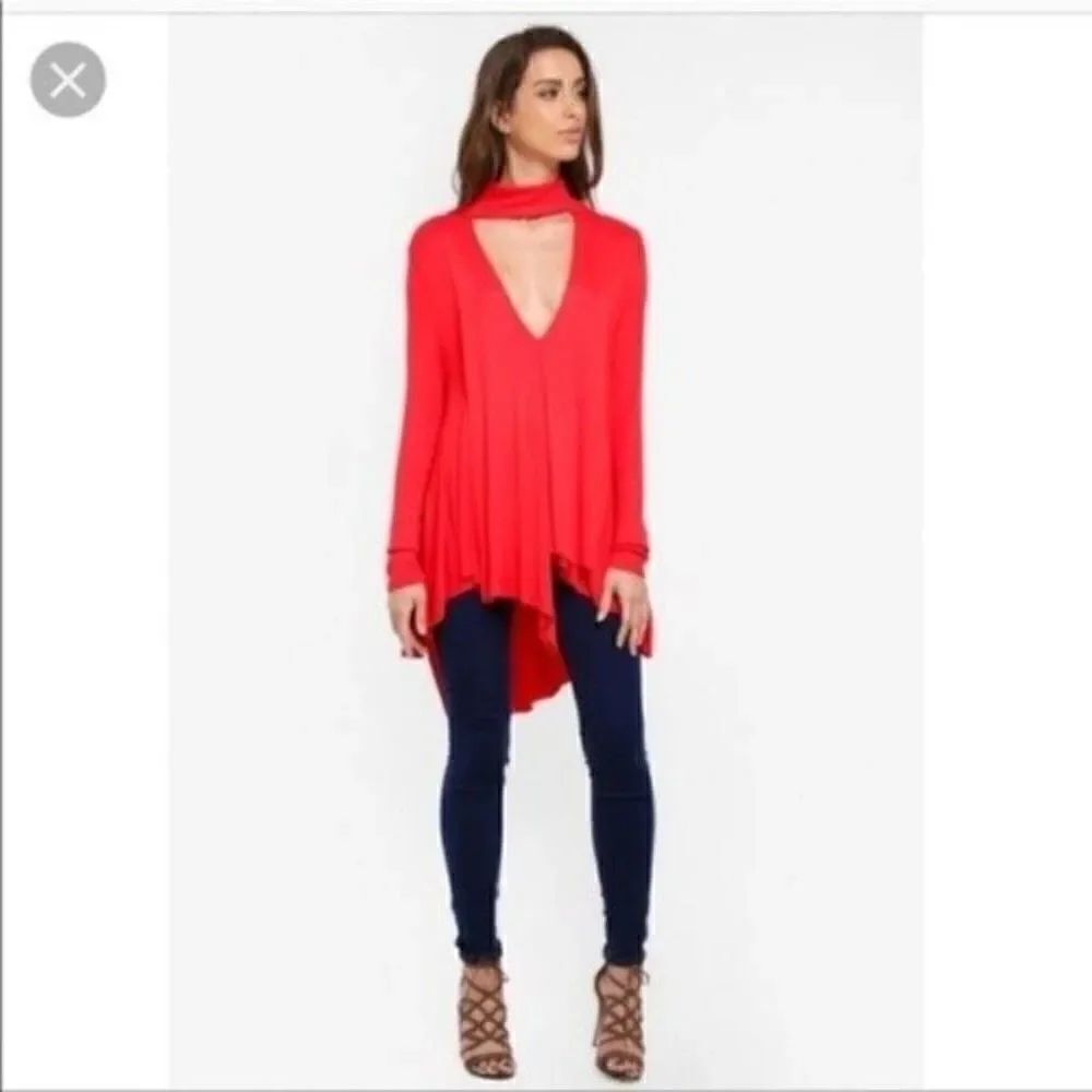 Free people Urban outfitters red sweater tunic top XS BoxC turtleneck highlow